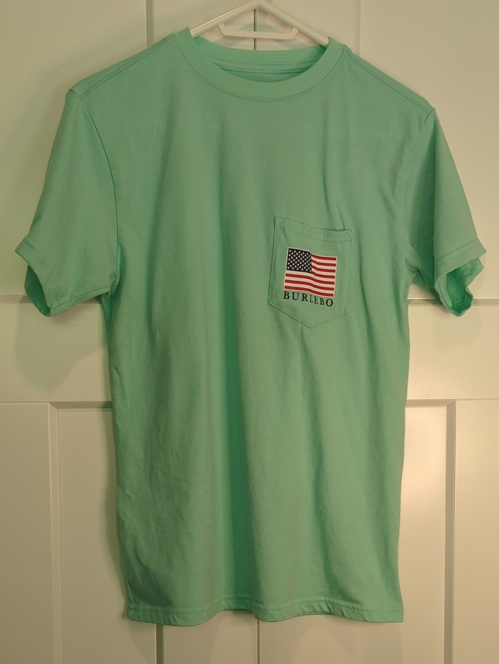 BURLEBO Short Sleeve Pocket Tee in Mint Green with Flag Patch Size S
